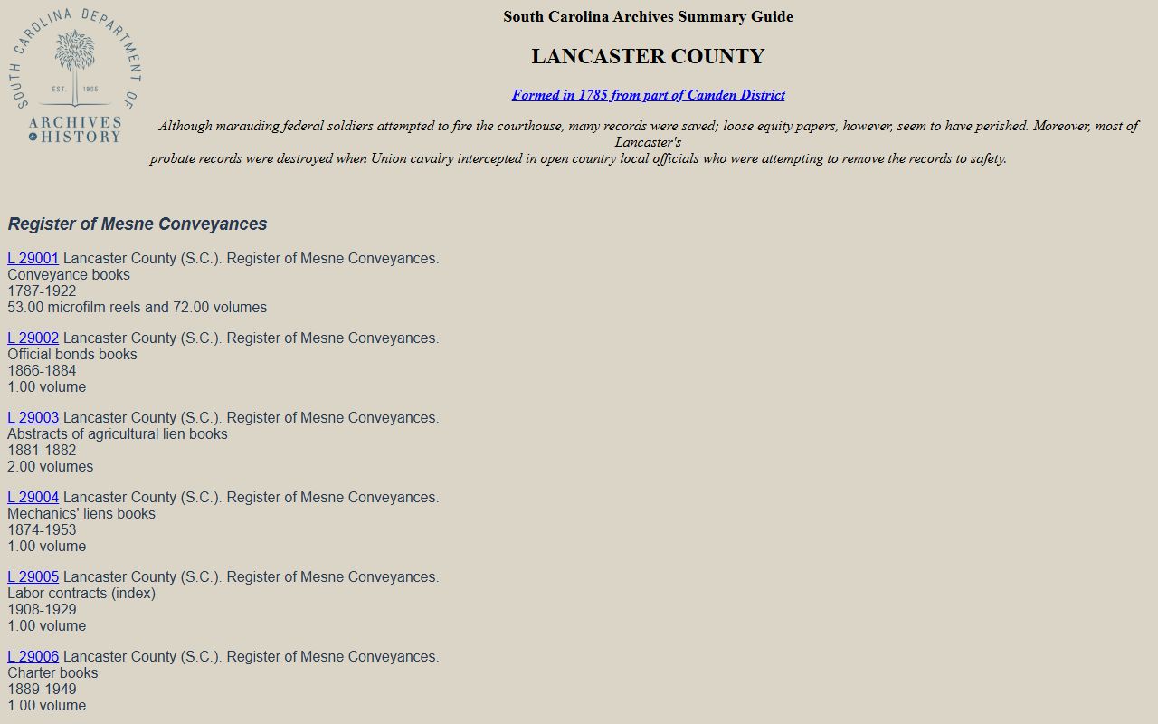 Lancaster County court records South Carolina Archives inventory