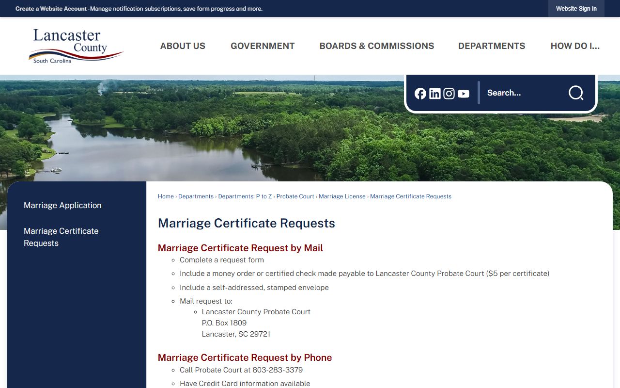 Lancaster County marriage records certificate request options