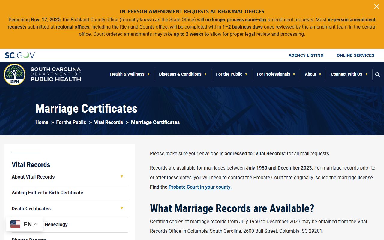 Lancaster County marriage records South Carolina DPH certificate access