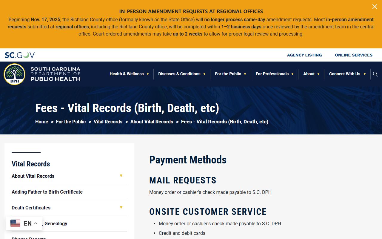 Lancaster County marriage and divorce records DPH fee schedule