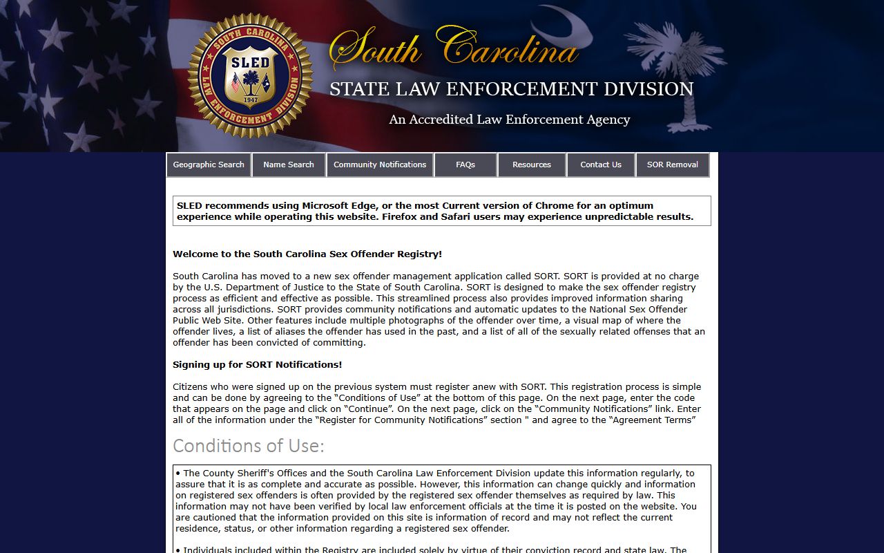 Lancaster County warrant records SLED sex offender registry access